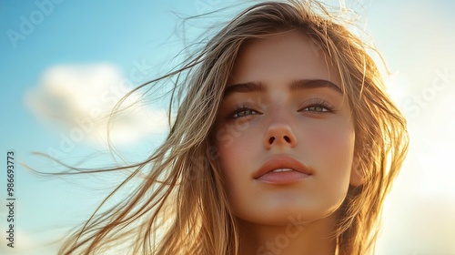 A Close-Up Portrait of a Young Woman with Blonde Hair Blowing in the Wind