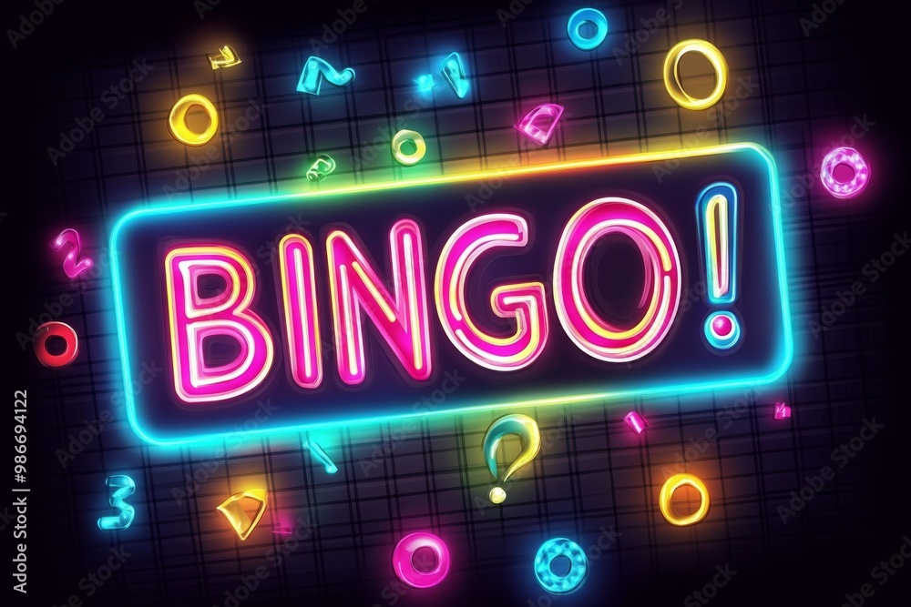 Neon sign with the word “BINGO!” surrounded by colorful neon numbers, bright lights on a dark background, vector illustration with vibrant colors. Neon sign with the word “BINGO!” surrounded by colorful neon numbers, bright lights on a dark background, vector illustration with vibrant colors.