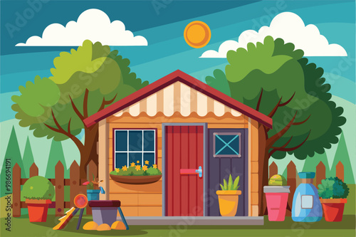 A cheerful garden shed with potted plants, tools, and a sunny sky in a lush backyard setting, Customizable cartoon illustration for your shed.