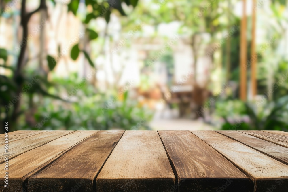 Empty wooden table top with blurred bokeh background of green garden and modern coffee shop interior, high definition wide-angle shot, boho aesthetic for product display. Empty wooden table top with blurred bokeh background of green garden and modern coffee shop interior, high definition wide-angle shot, boho aesthetic for product display.