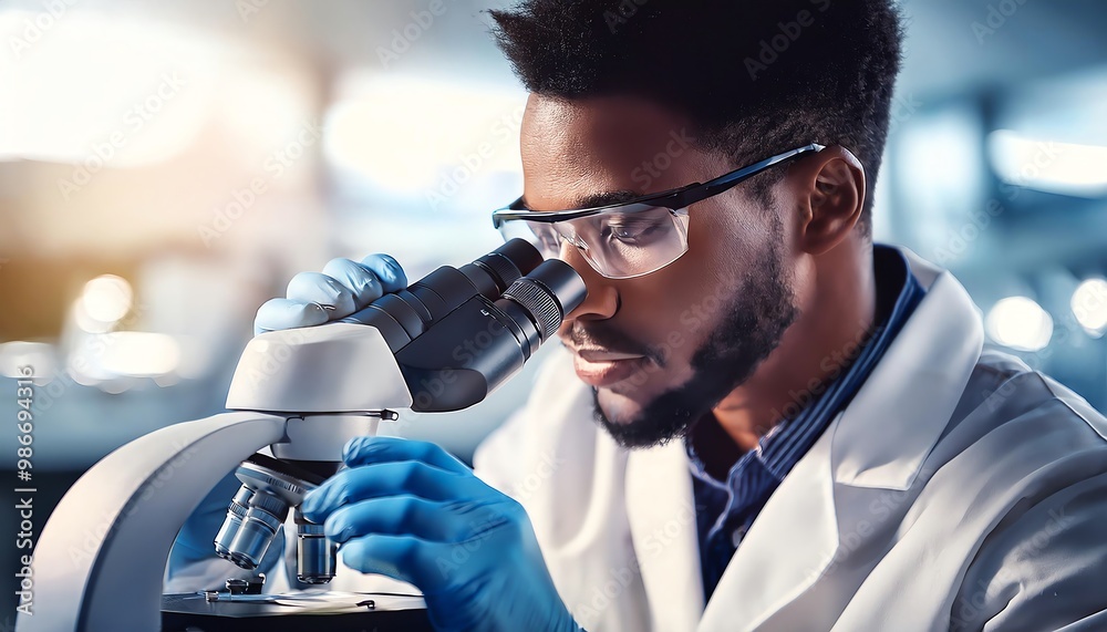 Close Up portrait of Scientist in Laboratorium Using Microscope with Bokeh Effect Close Up portrait of Scientist in Laboratorium Using Microscope with Bokeh Effect