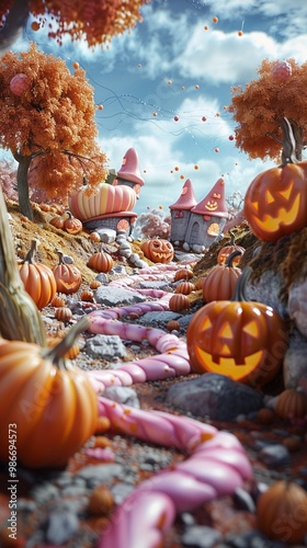 Whimsical autumn path lined with glowing jack-o'-lanterns, candy canes, and magical fairy houses nestled among golden trees under a dreamy sky. photo