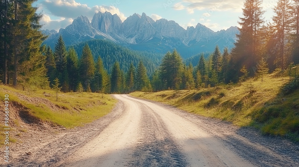 Winding Dirt Road Through a Forest with Mountain Peaks in the Distance