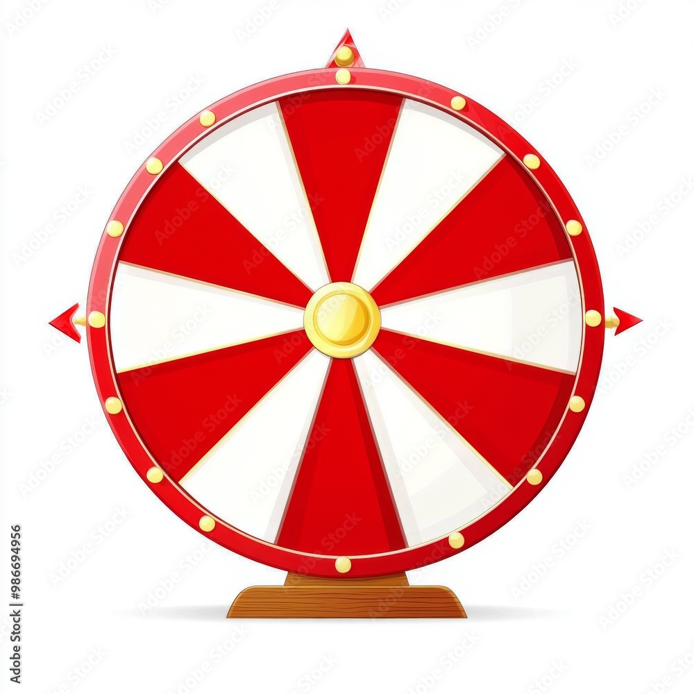 Illustration of a red and white wheel of fortune in a flat, cartoonish vector style with high resolution, vibrant colors, and sharp details on a white background. Illustration of a red and white wheel of fortune in a flat, cartoonish vector style with high resolution, vibrant colors, and sharp details on a white background.