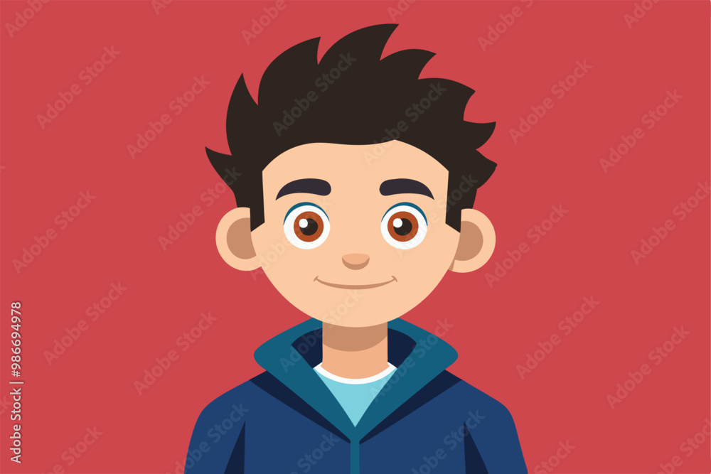 A cheerful boy with brown hair and big eyes wearing a hoodie smiles in a colorful setting, Customizable cartoon illustration, in person. A cheerful boy with brown hair and big eyes wearing a hoodie smiles in a colorful setting, Customizable cartoon illustration, in person.