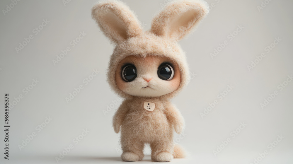 Obraz premium A stuffed rabbit in a bunny costume is standing on a white background. The rabbit has a cute and innocent expression on its face