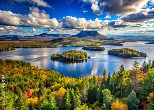 Moosehead Lake stretches serenely surrounded by lush forests and rugged mountains, a picturesque haven nestled in the photo