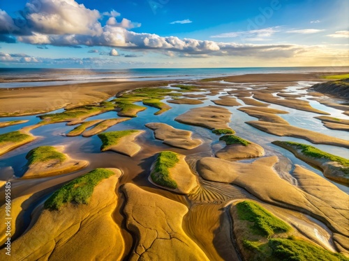 Mud and sand exposed during low tide, with water channels and tide pools, a unique coastal landform.