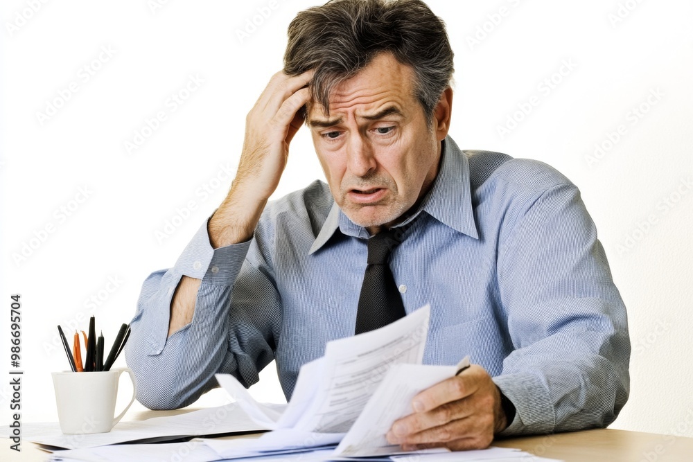 Worried middle-aged man sitting at his desk holding papers, expressing confusion and stress, with one hand on his head, set against a white background. Worried middle-aged man sitting at his desk holding papers, expressing confusion and stress, with one hand on his head, set against a white background.