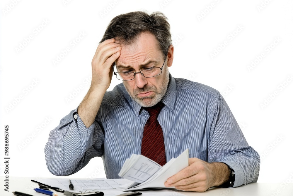 Worried middle-aged man sitting at his desk holding papers, expressing confusion and stress, with one hand on his head, set against a white background. Worried middle-aged man sitting at his desk holding papers, expressing confusion and stress, with one hand on his head, set against a white background.