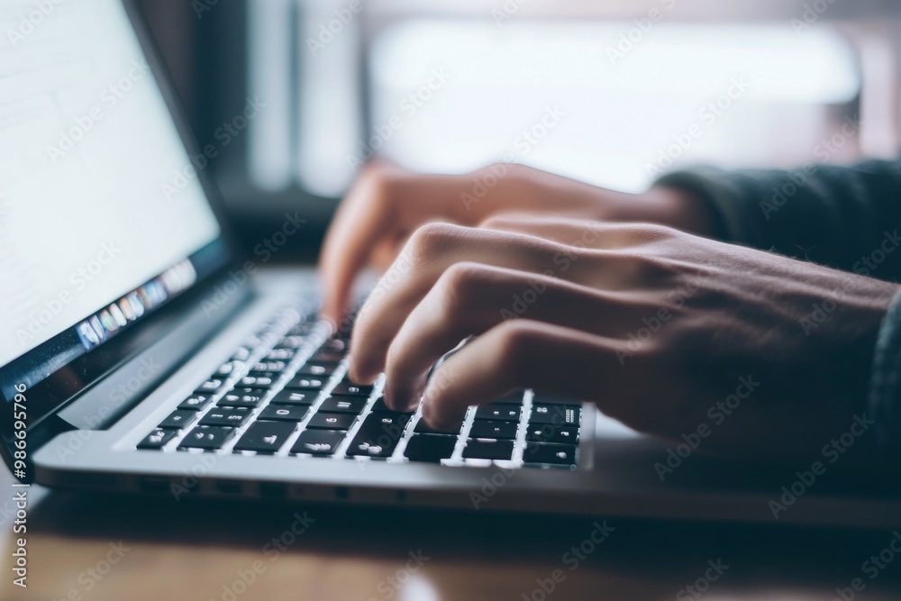 Focused individual typing on a laptop, representing detailed work in business technology or online writing, with one hand on the keyboard and the other hovering above it. Focused individual typing on a laptop, representing detailed work in business technology or online writing, with one hand on the keyboard and the other hovering above it.
