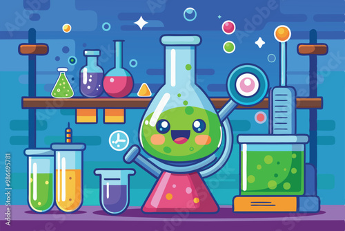 A playful beaker filled with green liquid smiles among various colorful lab glassware in a vibrant laboratory setting, Customizable cartoon illustration of a beaker in chemistry.