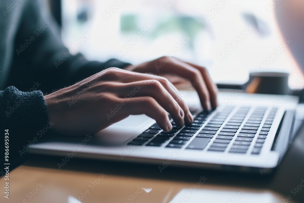 Focused individual typing on a laptop, representing detailed work in business technology or online writing, with one hand on the keyboard and the other hovering above it. Focused individual typing on a laptop, representing detailed work in business technology or online writing, with one hand on the keyboard and the other hovering above it.