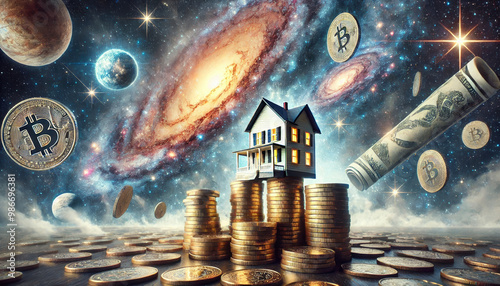 Cosmic Real Estate Dreams: A Miniature House Atop Glowing Coins in a Surreal Galactic Landscape