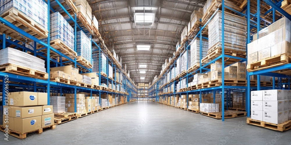 Wide-angle view of a bustling warehouse with blue racking and shelves filled with boxes, bright overhead lighting, and rows of pallets showcasing various products in their packaging. Wide-angle view of a bustling warehouse with blue racking and shelves filled with boxes, bright overhead lighting, and rows of pallets showcasing various products in their packaging.
