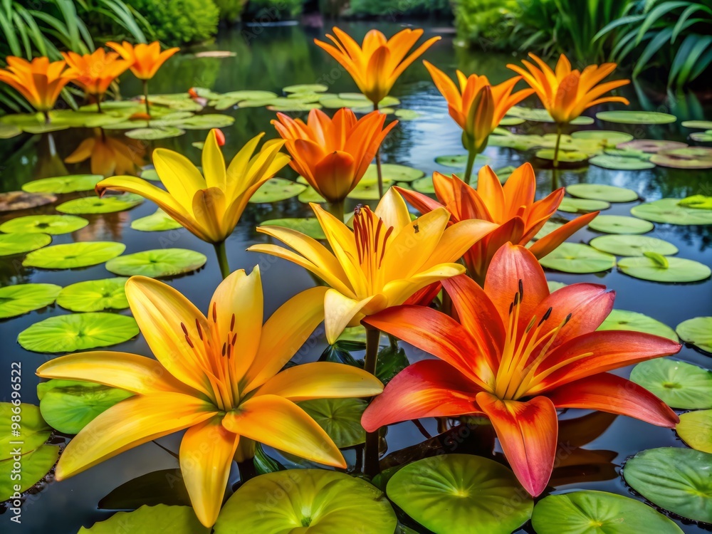 Orange and yellow lilies bursting forth in bloom on a lush verdant mound of green lily pads, creating Orange and yellow lilies bursting forth in bloom on a lush verdant mound of green lily pads, creating