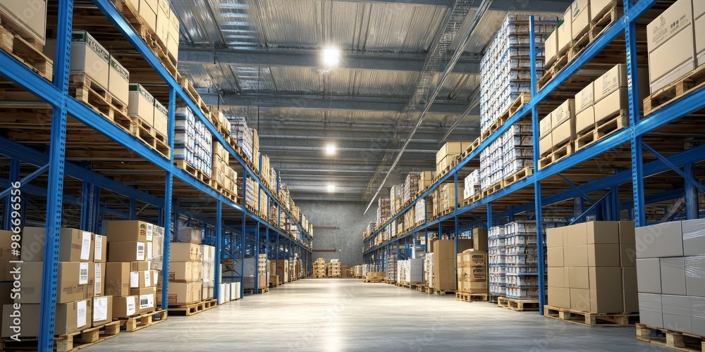 Fototapeta premium Wide-angle view of a bustling warehouse with blue racking and shelves filled with boxes, bright overhead lighting, and rows of pallets showcasing various products in their packaging.