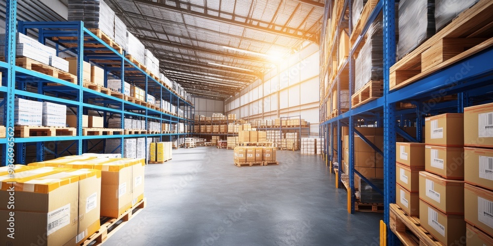 Wide-angle view of a bustling warehouse with blue racking and shelves filled with boxes, bright overhead lighting, and rows of pallets showcasing various products in their packaging. Wide-angle view of a bustling warehouse with blue racking and shelves filled with boxes, bright overhead lighting, and rows of pallets showcasing various products in their packaging.