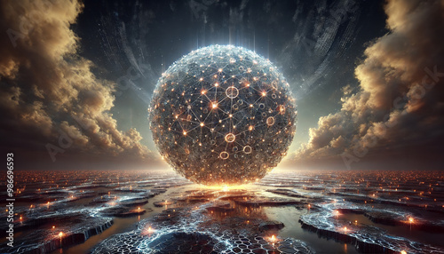 A futuristic digital representation of a network sphere composed of interconnected glowing nodes and intricate connections, but this time the sphere is floating above a vast alien landscape.