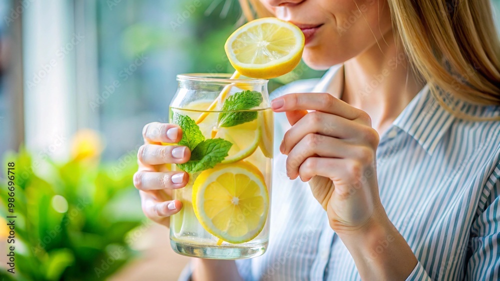Fototapeta premium A person drinking lemon-infused water for detox