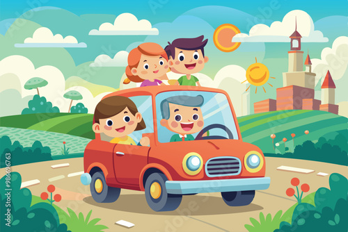 Four friends happily enjoy a carpool ride in a vibrant cartoon setting surrounded by nature, Customizable cartoon illustration of a carpool