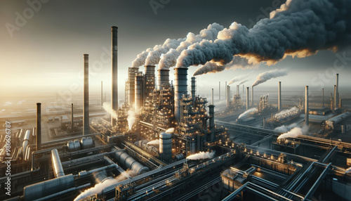 Industrial factory with smoking chimneys towering above heavy machinery and extensive infrastructure. Symbolizing the scale and intensity of industrial production.