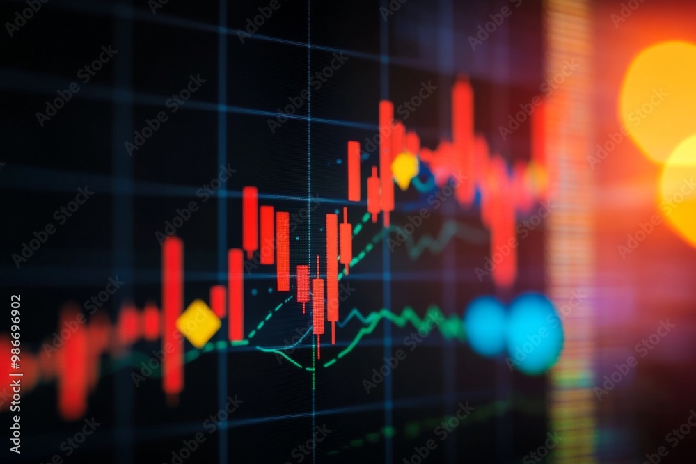 Close-up of a stock market chart showing red and blue candlestick lines with a falling trend and new low indicator, creating a detailed financial analysis backdrop. Close-up of a stock market chart showing red and blue candlestick lines with a falling trend and new low indicator, creating a detailed financial analysis backdrop.