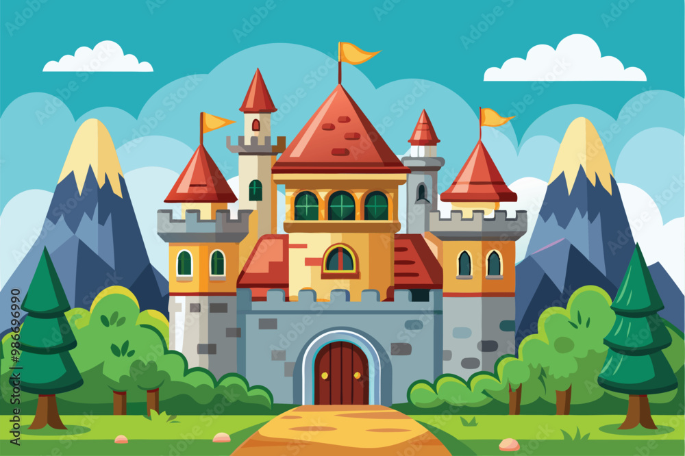 A vibrant castle sits amid lush trees and majestic mountains under a bright sky, inviting imagination, Customizable cartoon illustration of a castle A vibrant castle sits amid lush trees and majestic mountains under a bright sky, inviting imagination, Customizable cartoon illustration of a castle