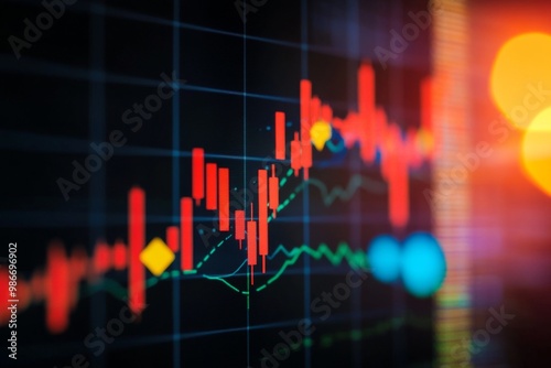 Close-up of a stock market chart showing red and blue candlestick lines with a falling trend and new low indicator, creating a detailed financial analysis backdrop.