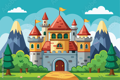 A vibrant castle sits amid lush trees and majestic mountains under a bright sky, inviting imagination, Customizable cartoon illustration of a castle