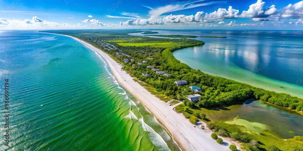 Over Sanibel Island, the coastline unfurls in tranquil beauty, showcasing emerald-green beaches and verdant dunes, Over Sanibel Island, the coastline unfurls in tranquil beauty, showcasing emerald-green beaches and verdant dunes,