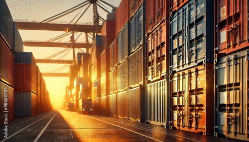 Shipping containers stacked at a port during a vibrant sunset