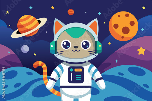 A cute cat dressed as an astronaut stands against a vibrant space backdrop, surrounded by planets, Customizable cartoon illustration of a cat astronaut.