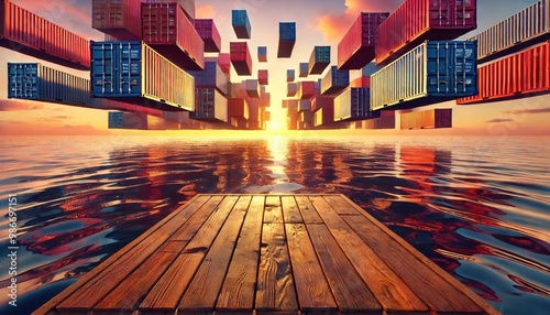Container yard filled with vibrant shipping containers, but this time the containers are floating in mid-air above a serene ocean at sunset.