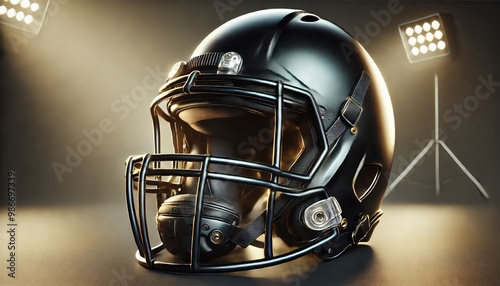 Close-up shot of a black football helmet, emphasizing the intricate detail and design of modern sports safety equipment.