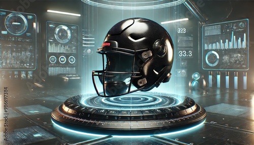 A black football helmet, but this time it is floating in mid-air within a futuristic, high-tech sports training facility. photo