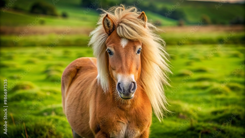 Fototapeta premium Perched in a lush meadow, a soft-coated miniature horse tilts its gentle gaze at the camera, its big