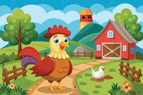 A cheerful chicken strolls along a dirt path beside a red barn in a vibrant farm landscape, Customizable cartoon illustration of a chicken farm.