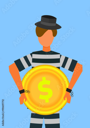 Male prisoner cartoon character holding a dollar coin. Security breach. Vector illustration. Suitable for criminal business, financial crime, and law content