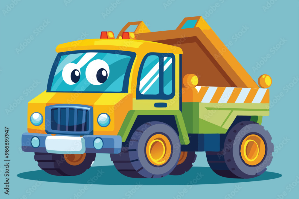 A colorful construction dump truck is ready to work with a vibrant design and friendly eyes, perfect for kids, Customizable cartoon illustration of a construction hat. A colorful construction dump truck is ready to work with a vibrant design and friendly eyes, perfect for kids, Customizable cartoon illustration of a construction hat.