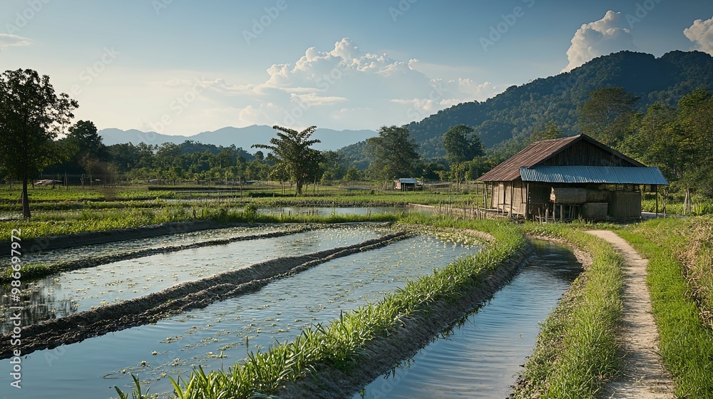 Wooden House in a Rural Landscape with Water Channels and Mountains in the Background Wooden House in a Rural Landscape with Water Channels and Mountains in the Background