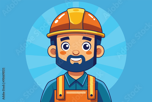A friendly construction worker smiles warmly while wearing a hard hat and orange overalls, Customizable cartoon illustration of a construction hat.