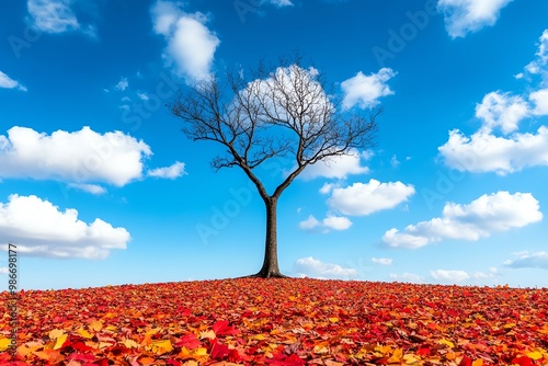 A single barren tree in the middle of a vibrant fall landscape, with bright leaves scattered on the ground but none on its branches photo