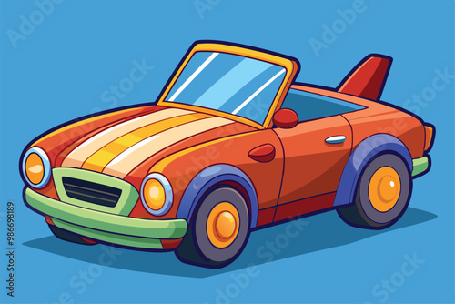 A bright cartoon convertible features bold stripes and an open top, set against a cheerful blue background, Customizable cartoon illustration of a convertible car