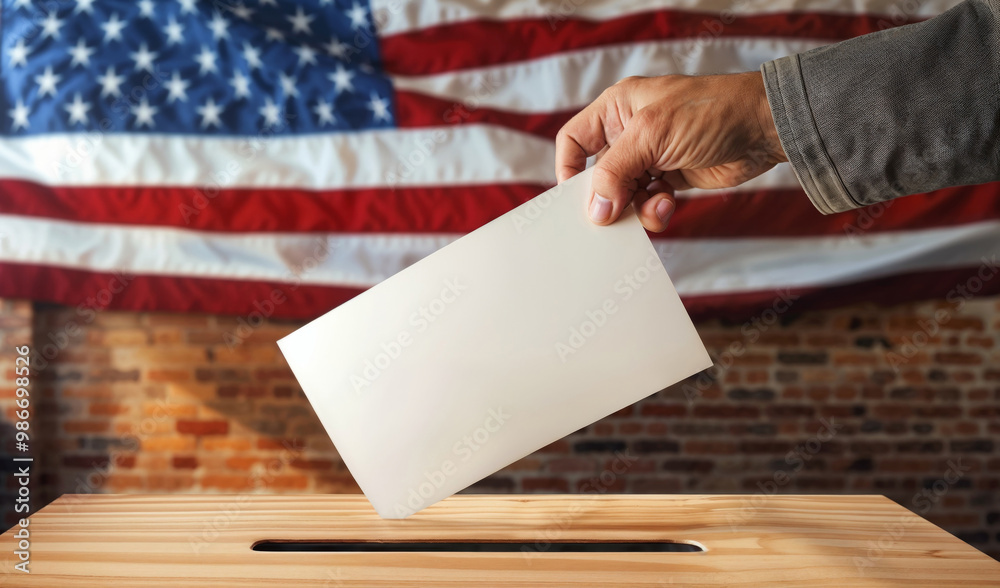 Hand holds a voting form above a vote-counting platform with an American flag in the background. Election and voting symbol Hand holds a voting form above a vote-counting platform with an American flag in the background. Election and voting symbol