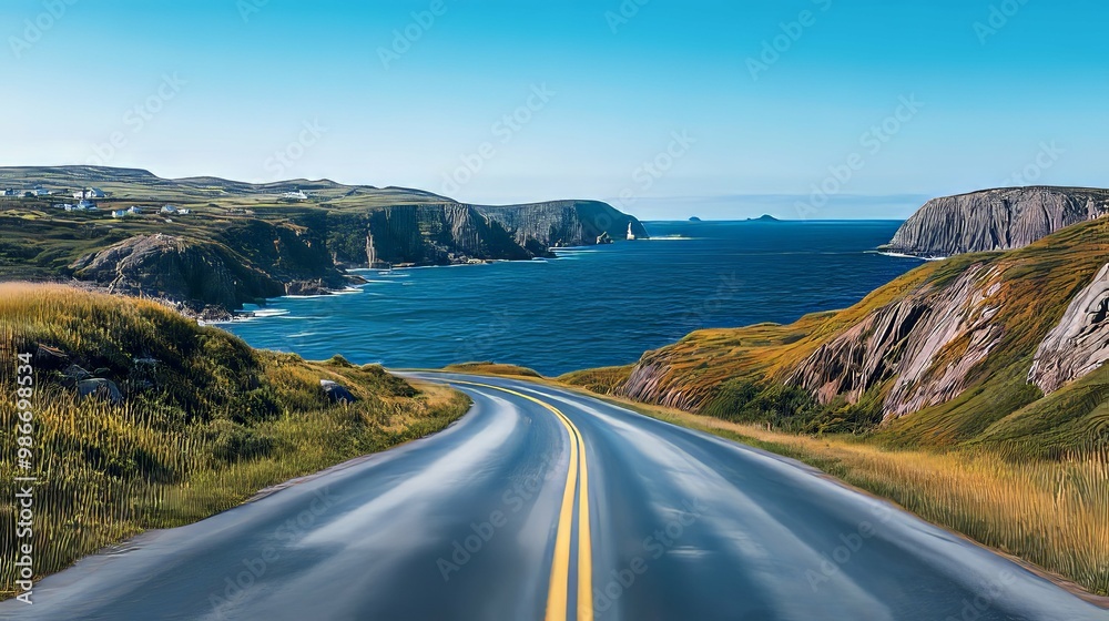 A winding coastal road with a view of the sea and cliffs. A winding coastal road with a view of the sea and cliffs.