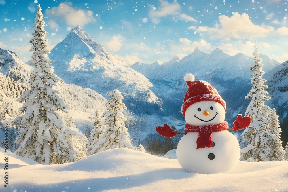 Obraz premium Snowman in Winter Wonderland with Mountain View