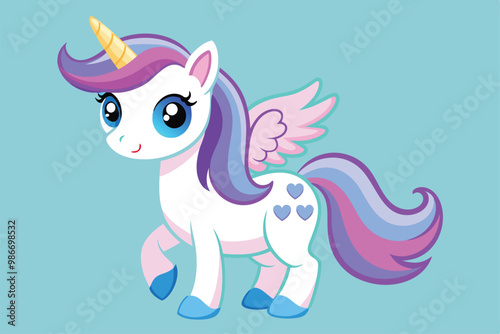 A charming unicorn with pink and purple tones happily prancing against a soft background, Customizable cartoon illustration of a cute unicorn.