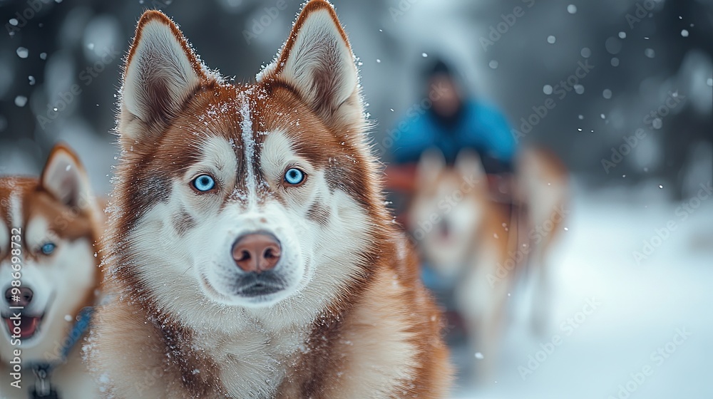 Huskies Pulling a Sled Through Snowy Forest Trail with Musher in Background Huskies Pulling a Sled Through Snowy Forest Trail with Musher in Background