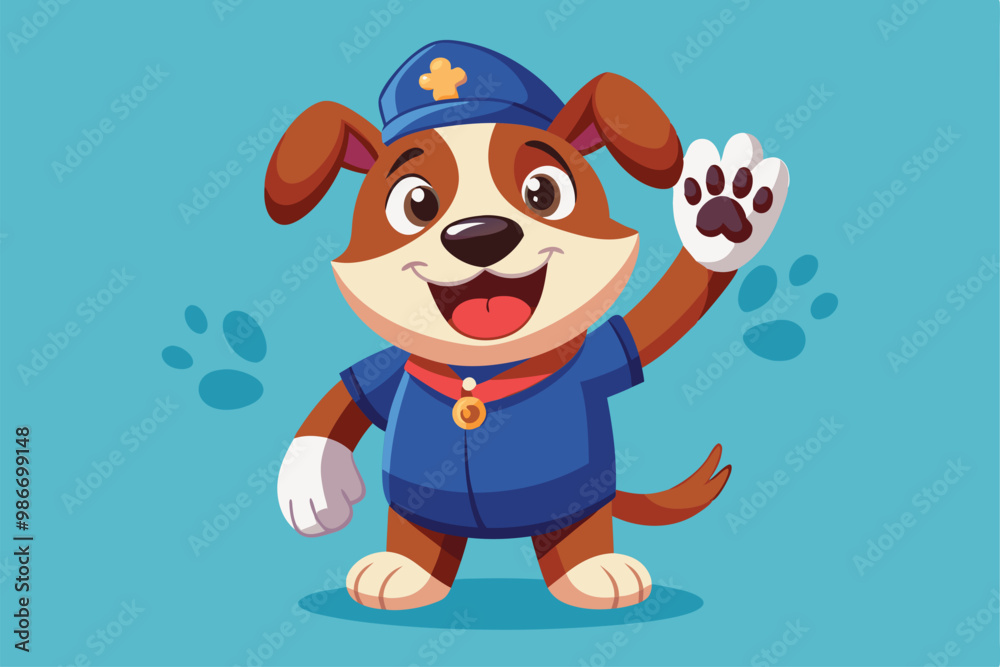 A friendly dog dressed in a police uniform waves with a joyful expression, ready to greet everyone, Customizable cartoon illustration of a dog giving a high five. A friendly dog dressed in a police uniform waves with a joyful expression, ready to greet everyone, Customizable cartoon illustration of a dog giving a high five.